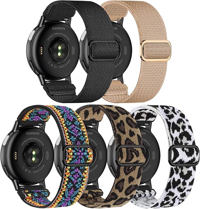 5 Pack Stretchy Nylon Watch Bands Compatible with Garmin Vivoactive 5/6/Forerunner 55/165,20mm Soft Elastic Fabric Adjustable Replacement Sport Straps for Garmin Venu Sq 2 Women Men
