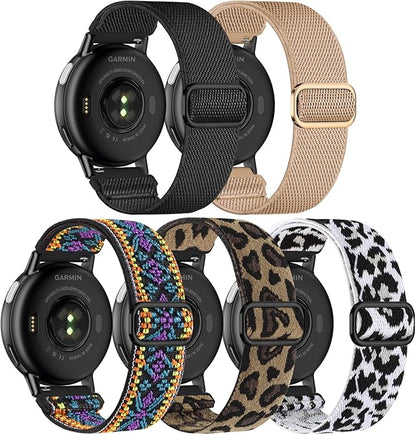 5 Pack Stretchy Nylon Watch Bands Compatible with Garmin Vivoactive 5/6/Forerunner 55/165,20mm Soft Elastic Fabric Adjustable Replacement Sport Straps for Garmin Venu Sq 2 Women Men