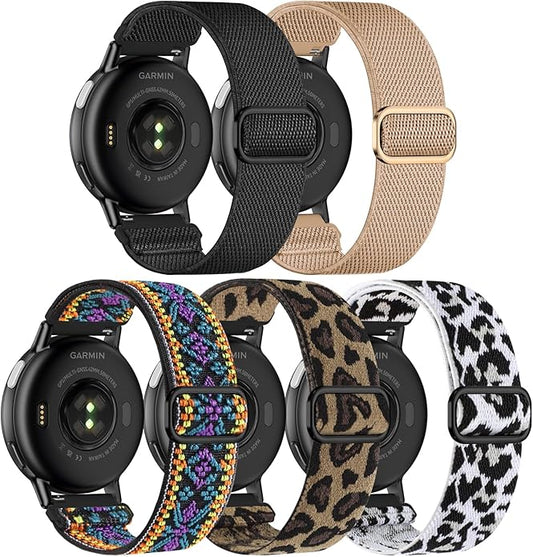 5 Pack Stretchy Nylon Watch Bands Compatible with Garmin Vivoactive 5/6/Forerunner 55/165,20mm Soft Elastic Fabric Adjustable Replacement Sport Straps for Garmin Venu Sq 2 Women Men