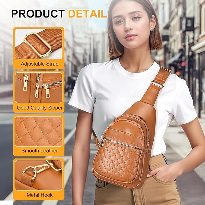 Crossbody Bags for Women Men,Leather Sling Bag Cross Body Backpack for Women, Casual Chest Bag Daypack for Travel Hiking,Brown