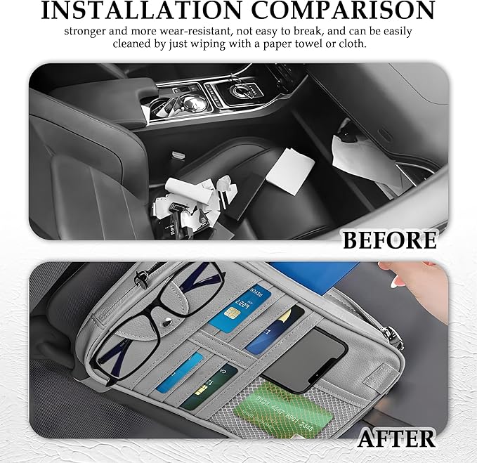 Upgrade Car Visor Organizer,Multipurpose Car Sun Visor Organizer with Sunglasses Holder for Car Storage Bank Cards,Driver's License,PU Leather Truck Visor Organizer for Most Vehicles (Grey)