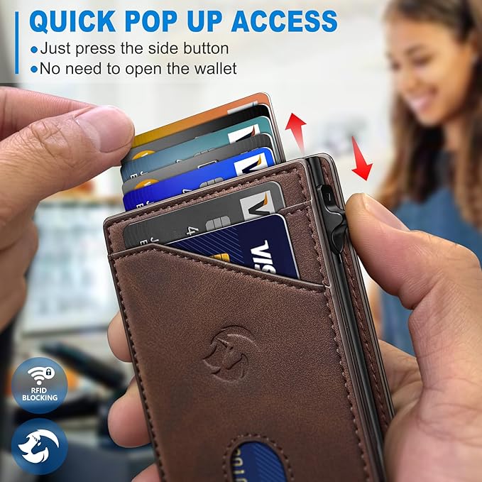 Wallet for Men, Slim Pop Up Card Holder with RFID Blocking, Minimalist Bifold Wallet with 9 Card Slots, ID Window and Cash Pocket, Metal Flip Case with Magnetic Closure, Gift Box