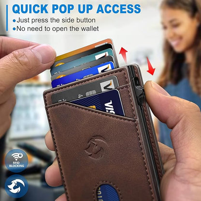 Wallet for Men, Slim Pop Up Card Holder with RFID Blocking, Minimalist Bifold Wallet with 9 Card Slots, ID Window and Cash Pocket, Metal Flip Case with Magnetic Closure, Gift Box