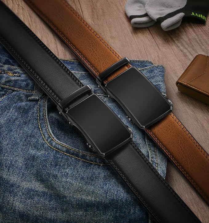 KEMISANT Men Belt 2 Pack, Leather Ratchet Belt Easy Click Slide For Men 1 3/8",Cut for Fit
