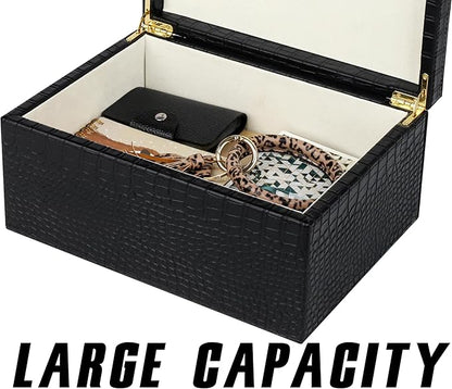 HofferRuffer Faux Leather Decorative Box, Large Wooden Structure Keepsake Box Accessory Organizer Jewelry Organizer with Hinged Lid, Storage Container for Home or Office (CrocoBlack)