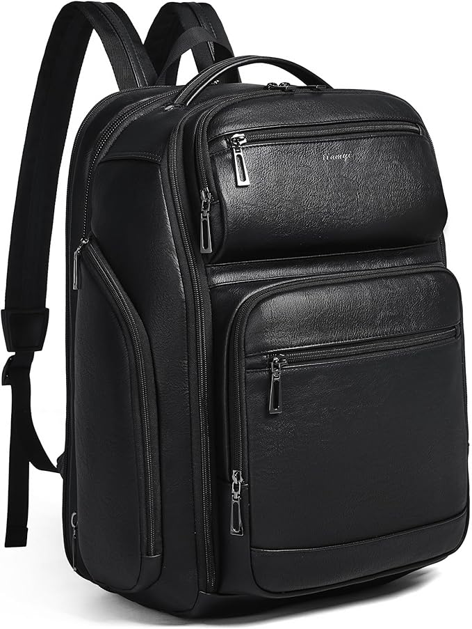 Vegan Leather Backpack, 40L Expandable, TSA Travel Backpack for Men and Women, Fits 17.0 Inch Notebook with Luggage Strap and USB Port, Black