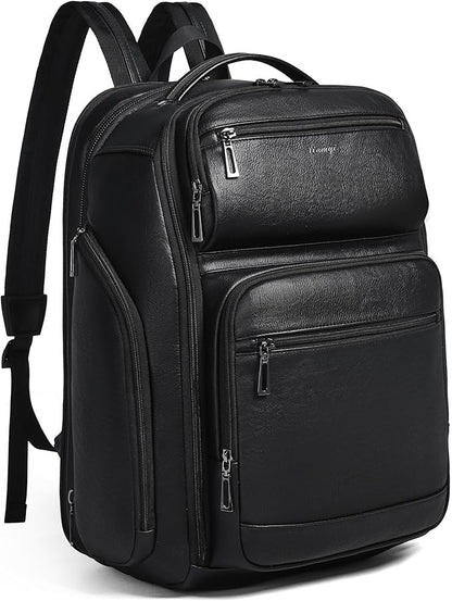 Vegan Leather Backpack, 40L Expandable, TSA Travel Backpack for Men and Women, Fits 17.0 Inch Notebook with Luggage Strap and USB Port, Black
