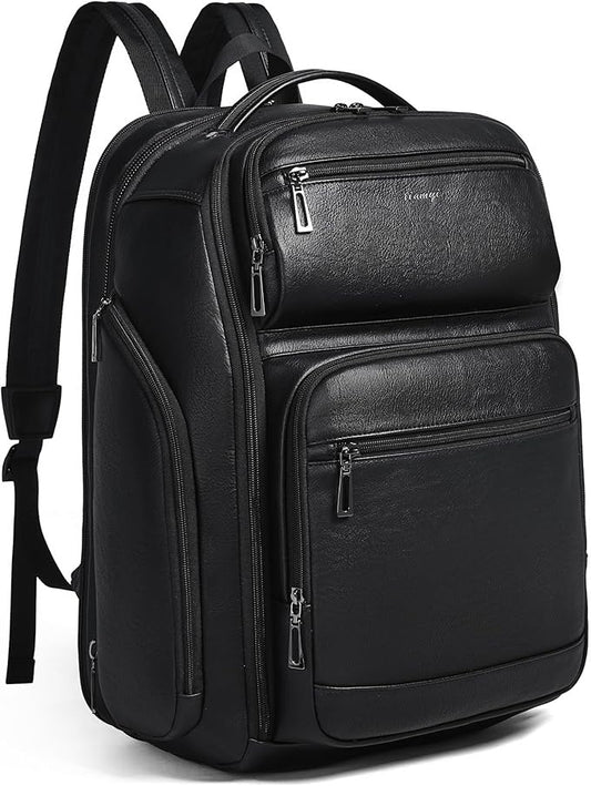 Vegan Leather Backpack, 40L Expandable, TSA Travel Backpack for Men and Women, Fits 17.0 Inch Notebook with Luggage Strap and USB Port, Black