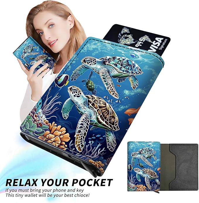 Sea Turtles Minimalist Wallet for Men, Pop Up Card Case Wallet for Women, PU Leather Automatic Credit Card Holder Metal Money Clip Wallet RFID Blocking Bifold Pocket Wallet