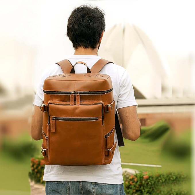 HLC Leather Tan Backpack For Men Genuine Laptop Rucksack For Men Women Genuine Leather Vintage Large Capacity Business Retro Travel Camping Daypack (17 Inch Tan)
