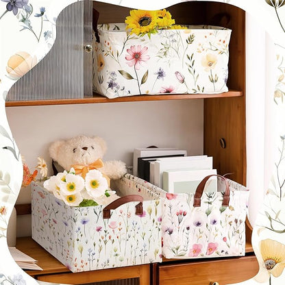 Boao 3 Pcs Wildflowers Storage Bin Wildflowers Collapsible Large Storage Baskets for Gifts Canvas Laundry Basket Foldable Box with Handle for Office Home Bedroom Clothes