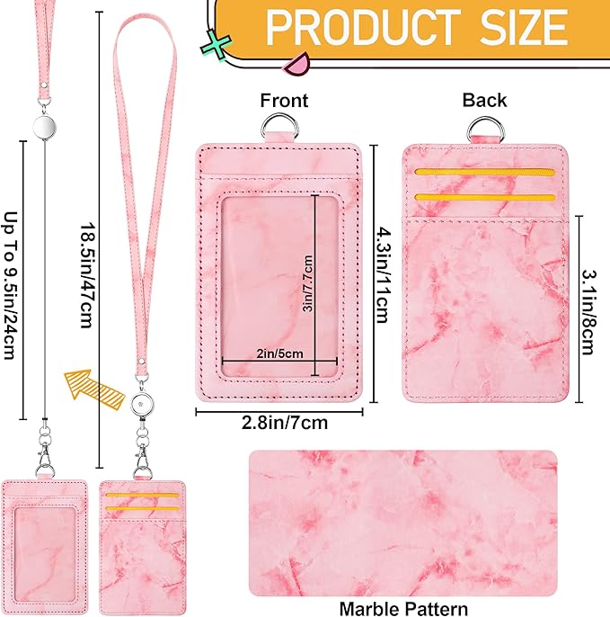 ID Badge Holder with Lanyard Marble Pattern Retractable Badge Holder PU Leather with Clear ID Window 1 Credit Card Case Name Badge Keychain Tags Protector for Women Nurse Teacher Office (Pink)