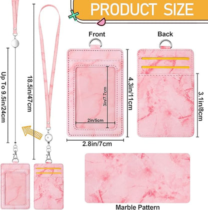ID Badge Holder with Lanyard Marble Pattern Retractable Badge Holder PU Leather with Clear ID Window 1 Credit Card Case Name Badge Keychain Tags Protector for Women Nurse Teacher Office (Pink)