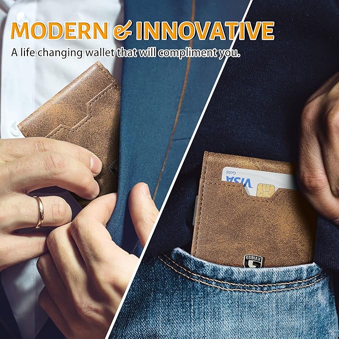 GSOIAX Men's Slim RFID Blocking Leather Wallet with Money Clip | Minimalist Carbon Fiber Bifold Credit Card Holder | 11 Card Slots | Gift Box Included(Leather Brown)