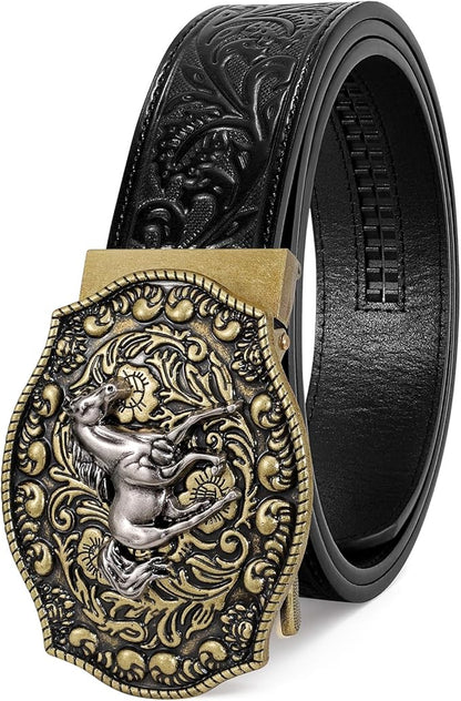 SANSTHS Western Cowboy Ratchet Belts for Men Women Leather Cowboy Belt with Automatic Western Buckle for Jeans Gifts