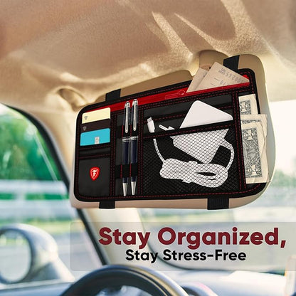 Firestone 2 Pack Sun Visor Organizer Car Accessories for Men & Women, Multi Pocket Visor Storage with Pockets & Card Slots, Eyeglass Holder, Document Holder & Pen Slots - Fits Most Vehicles, Black Red