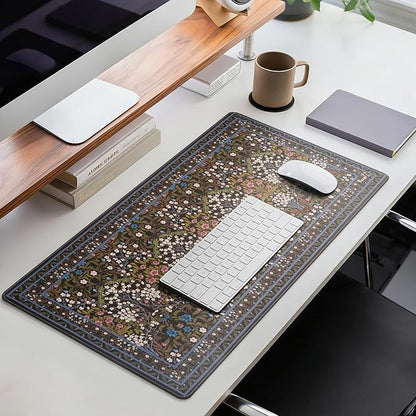 MOSISO Large Mouse Pad Gaming Mousepad, 35.43 x 15.74 inches Vintage Floral Cluster PU Leather Mousepad with Anti-Slip Base&Stitched Edges, Keyboard Pad Mouse Mat for Desktop/Office/Home, Black