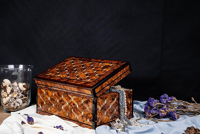 HandCarved Wooden Box with Hinged Lid Multipurpose Keepsake Jewelry Decorative Art Decorative Wood Walnut Box with lids- Storage Organizer Antique (Mother of pearl XX-large)