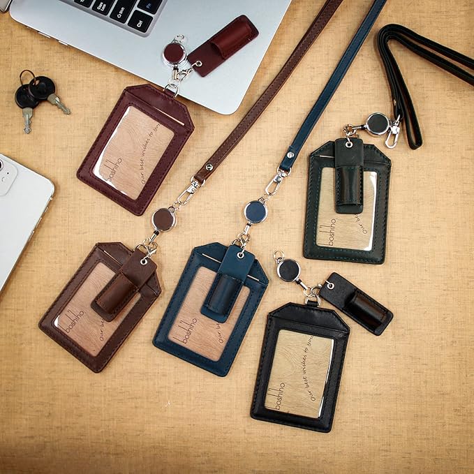Office Badge Holder - Boshiho Genuine Leather Credit ID Card Holder with Stretch Neck Lanyard Vertical Style (Brown)