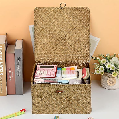 Hipiwe Handwoven Storage Box with Lid Seagrass Wicker Shelf Basket Bin Household Organizer for Bookshelf Living Room Bath Room, Coffee, X-Large