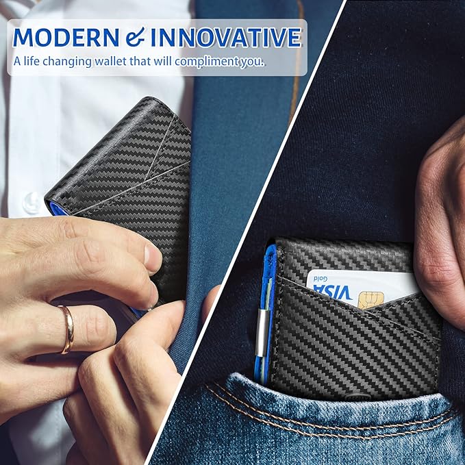 GSOIAX Slim Leather RFID Bifold Wallet for Men Minimalist Front Pocket Wallet with Money Clip,12 Card Slots,ID Window,Cool Groove Design,Includes Stocking StuffersGift Box (Carbon blue)