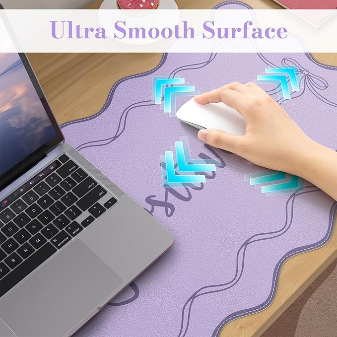 iCasso Purple Office Decor for Women, Scalloped Desk Cover Mat, Large Mouse Pad, Leather Waterproof Accessories Blotter, Non-Slip Mousepad for Organizer Office Dorm Supplies Teacher Girly