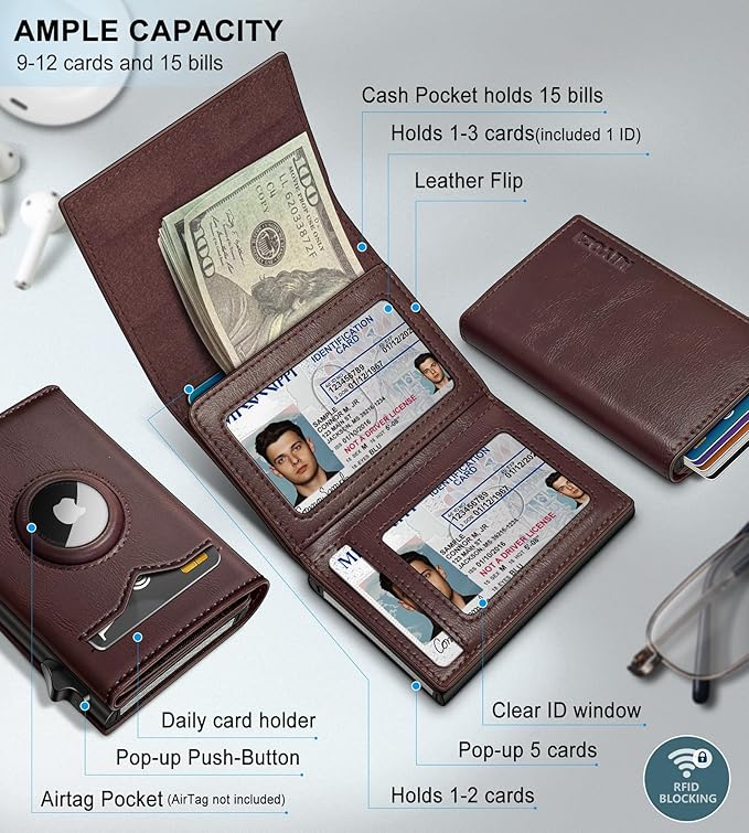 miyozi Airtag Wallet for Men,with Cash Pocket 2 ID Window 9-12 Cards,Metal Case Smart Slim Pop Up Credit Card Holder Flip with Magnetic Closure RFID Blocking Trifold wallet with Gift Box