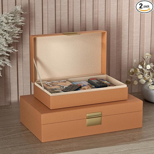 Decorative Storage Boxes Set of 2 - Multi-Purpose Beautiful PU Leather Organizer Bins for Your Home Decor - Decorative Containers with Lids Store Photos, Documents, Memory Box Keepsakes (Brown)