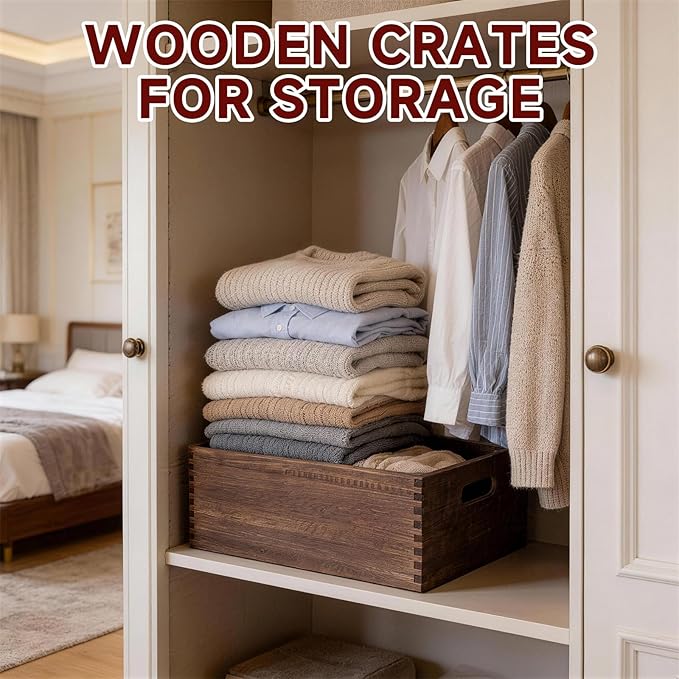 Wooden Crates for Display 5 Pack Large Rustic Nesting Wooden Basket with Handle, Farmhouse Wood Crate for Storage and Container, 5 Size Multipurpose Wood Basket for Fruits Vegetables Boxes