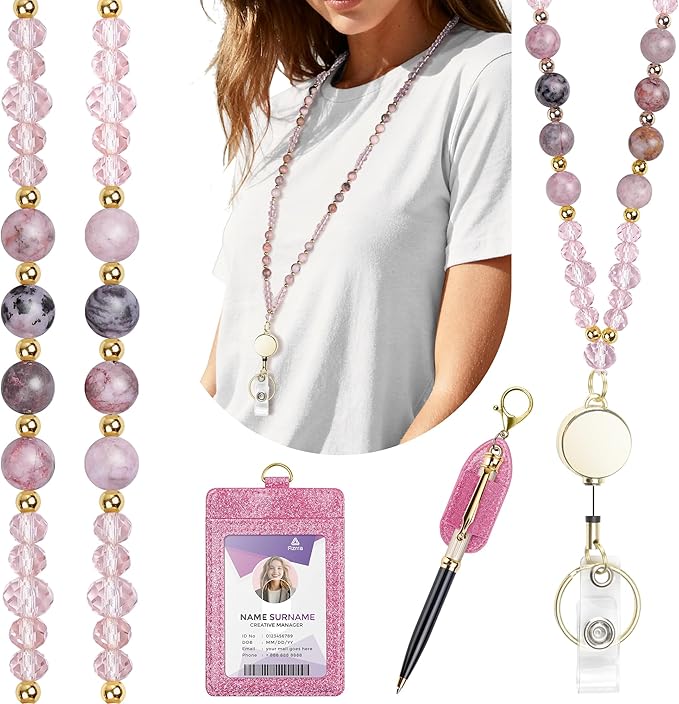 Azrra Lanyards for ID Badges and Keys, Natural Stone Beaded Teacher Lanyard with Bling ID Badge Holder and Pen Holder, Cute Retractable Badge Lanyard for Women (Pink)