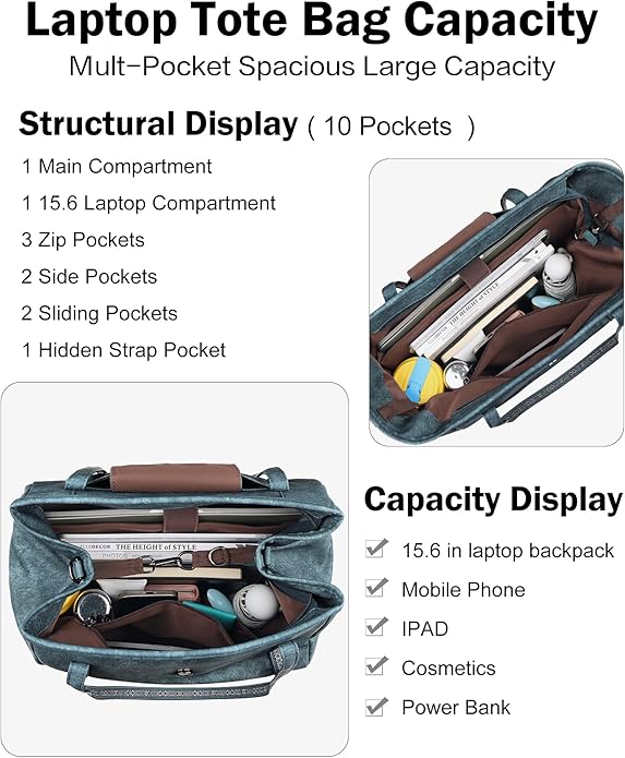 FADEON Large Laptop Tote Bag for Women Designer Leather Laptop Bag Fashion Travel Backpack Purse Shoulder Handbag