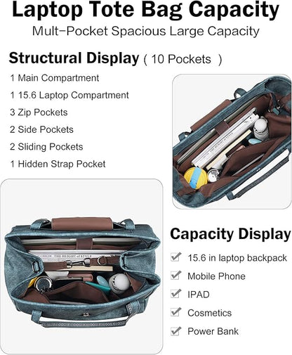 FADEON Large Laptop Tote Bag for Women Designer Leather Laptop Bag Fashion Travel Backpack Purse Shoulder Handbag