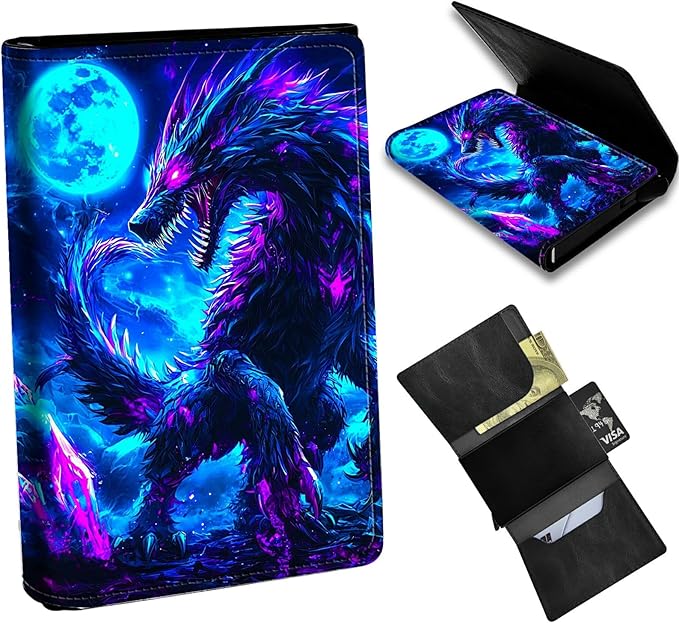 Minimalist Wallet for Men's Card Holders, Pop-Up Card Case Durable Wallets for Women, Leather Automatic Credit Card Holder with Metal Money Clip RFID Blocking Bifold Pocket, Blue Moon Dragon