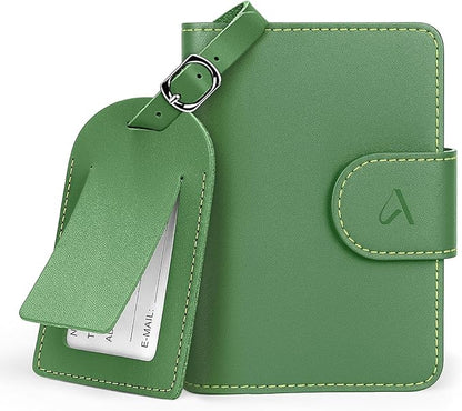 ALLIVE Rfid Passport Holder for Travel Women, Rfid Passport Cover Wallet, Genuine Leather Passport Holder for Travel with AirTag Hidden, Gift Set with Luggage Tag in Premium Gift Box (Avocado Green)
