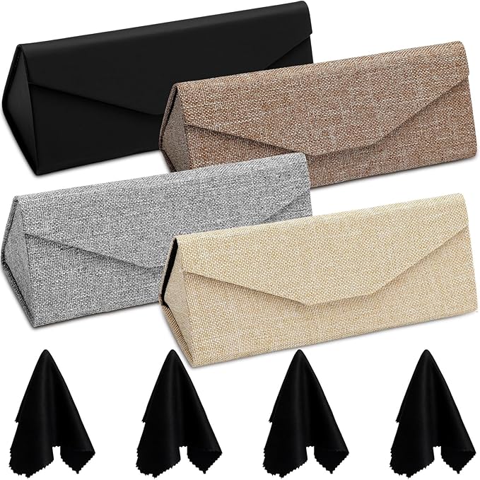 Flutesan 4 Pack Foldable Glasses Sunglasses Case PU Hard Shell Collapsible Eyeglasses Leather Case 4 Cleaning Cloths