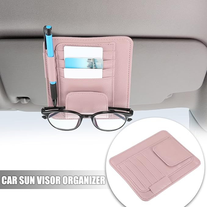 X AUTOHAUX PU Leather Car Sun Visor Organizer Glasses Holder Card Holder Auto Accessories Pocket Organizer Pink