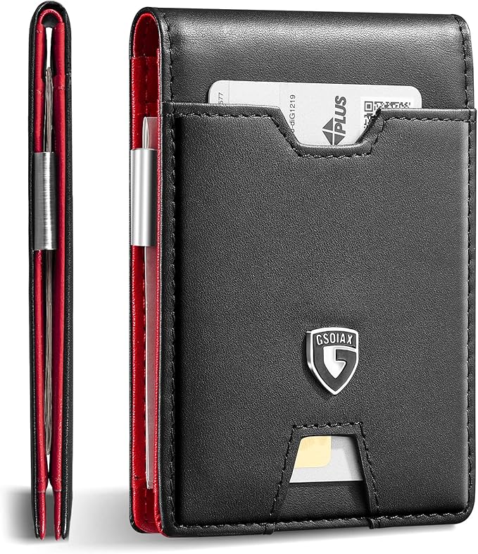 GSOIAX Men's Slim RFID Blocking Leather Wallet with Money Clip | Minimalist Carbon Fiber Bifold Credit Card Holder | 11 Card Slots | Gift Box Included(Leather red)