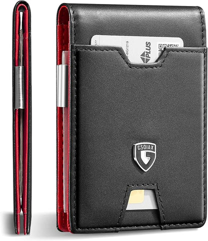 GSOIAX Men's Slim RFID Blocking Leather Wallet with Money Clip | Minimalist Carbon Fiber Bifold Credit Card Holder | 11 Card Slots | Gift Box Included(Leather red)