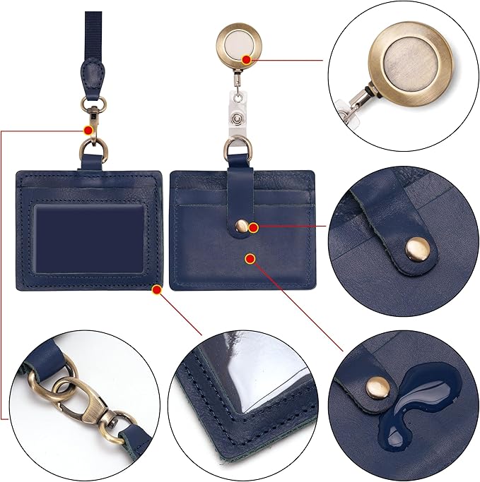 Wonderpool Leather Horizontal Badge Holder with Detachable Neck Lanyard and Retractable Badge Reel Clip, Card Slots Case ID Card Holder for ID Badges Card and Driver Licence (Blue)