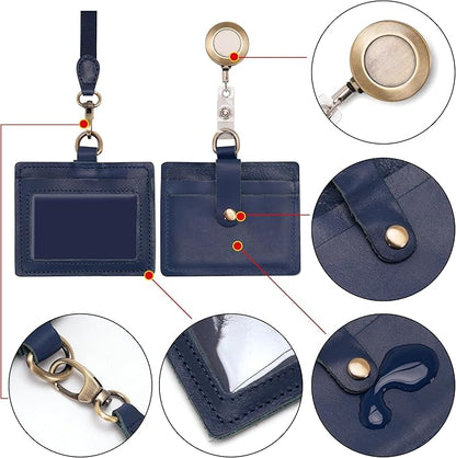 Wonderpool Leather Horizontal Badge Holder with Detachable Neck Lanyard and Retractable Badge Reel Clip, Card Slots Case ID Card Holder for ID Badges Card and Driver Licence (Blue)