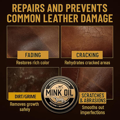 4-in-1 Mink Oil Leather Conditioner Kit – 3.52oz Waterproof Paste with Horsehair Brush, Sponge & Microfiber Cloth – Leather Cleaner & Protector for Boots, Shoes, Jackets, Saddles & Bags