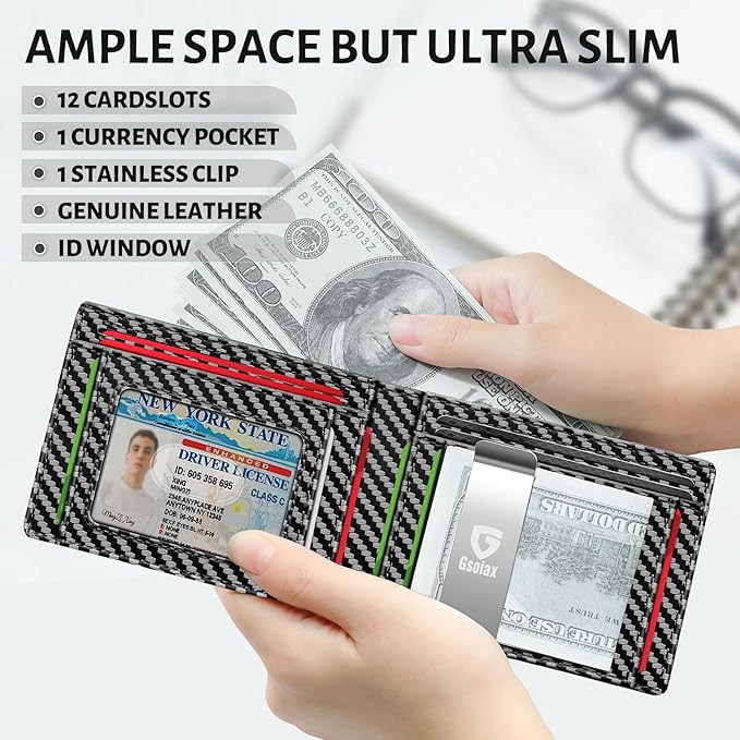 GSOIAX Slim Leather RFID Bifold Wallet for Men Minimalist Front Pocket Wallet with Money Clip,12 Card Slots,ID Window,Cool Groove Design,Includes Gift Box (Carbon Black)