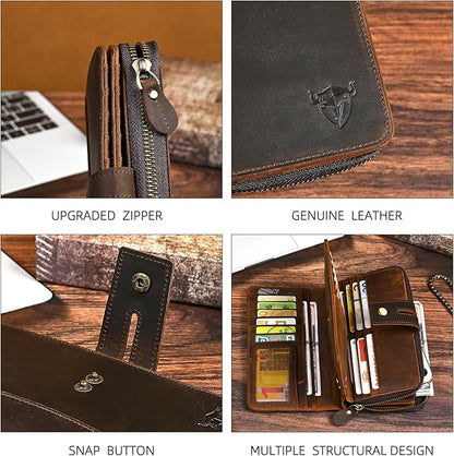 Genuine Crazy Horse Leather Travel Gift Coin Pocket Card Case Long Organizer Chain Rfid Wallet Purse With Snap For Men Male 1803 1815 (1814 Brown)