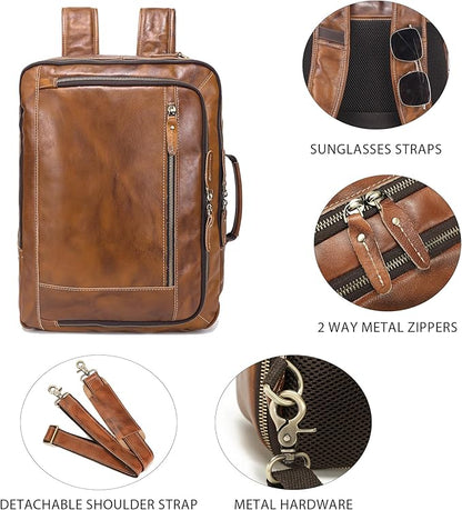 LANNSYNE Vintage Genuine Leather Backpack For Men, 2 in 1 Expandable Briefcase Fits 17'' Laptop Crossbody shoulder Bag Business/Travel Rucksack
