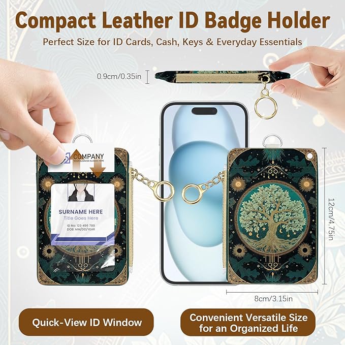 Tree of Life Leather Badge Holder with Zipper Pocket, Green Work Lanyards and 1 Zip Pocket and 4 Card Slots, Pink Bow Breakaway Lanyards with Metal Clasp for Boys, Adult, Teachers