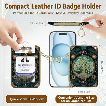 Tree of Life Leather Badge Holder with Zipper Pocket, Green Work Lanyards and 1 Zip Pocket and 4 Card Slots, Pink Bow Breakaway Lanyards with Metal Clasp for Boys, Adult, Teachers