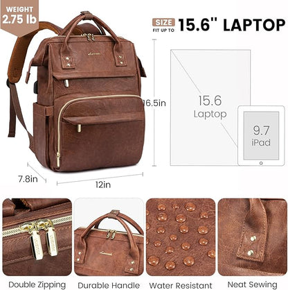 LOVEVOOK Leather Laptop Backpacks for Women 15.6 inch,Travel Backpack Purse Nurse Teacher Backpack Computer Laptop Bag,Professional College Business Work Bag Carry On Backpacks with USB Port,Red Brown