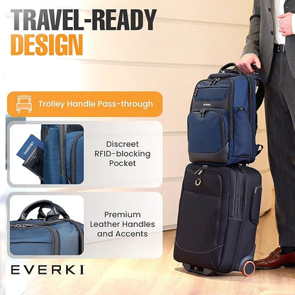EVERKI Onyx 25L Business Laptop Backpack - Professional Travel Backpack for Men & Women, Laptop Bag with Premium Leather Ballistic & Nylon, Office & Flight Approved, Fits Laptops up to 15.6” - Navy