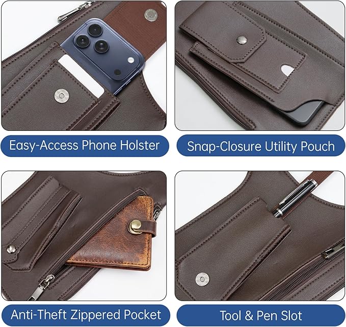 Double Shoulder Armpit Bag for Men, Anti-Theft Underarm Shoulder Holster Bag with Adjustable Strap, Hidden Phone Wallet Pocket for Travel & Daily Commute (Dark Brown)