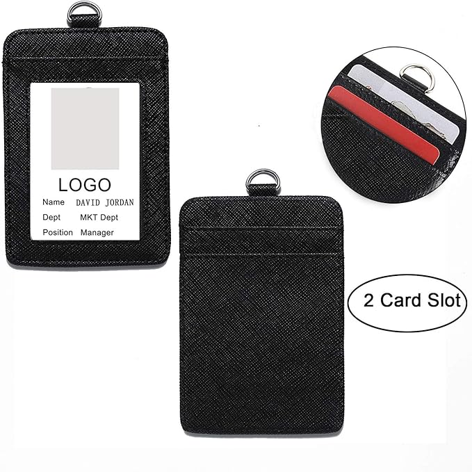YOUOWO 2 Pack Badge Holders Leather+2 Pack Neck Lanyards Detachable Buckle Black Lanyard Strap for Men Women Keys 2-Sided PU Leather Vertical ID Cards Holder with 1 ID Window and 2 Card Slot